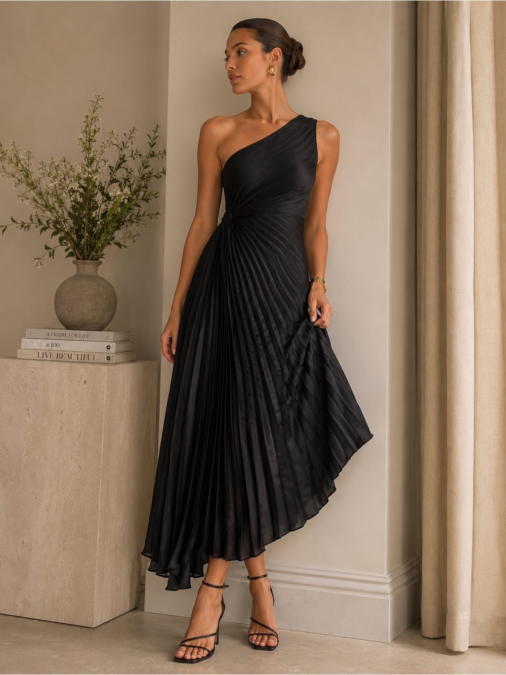 House of Harlow 1960 Black One Shoulder Pleated Evening Maxi Dress Size S